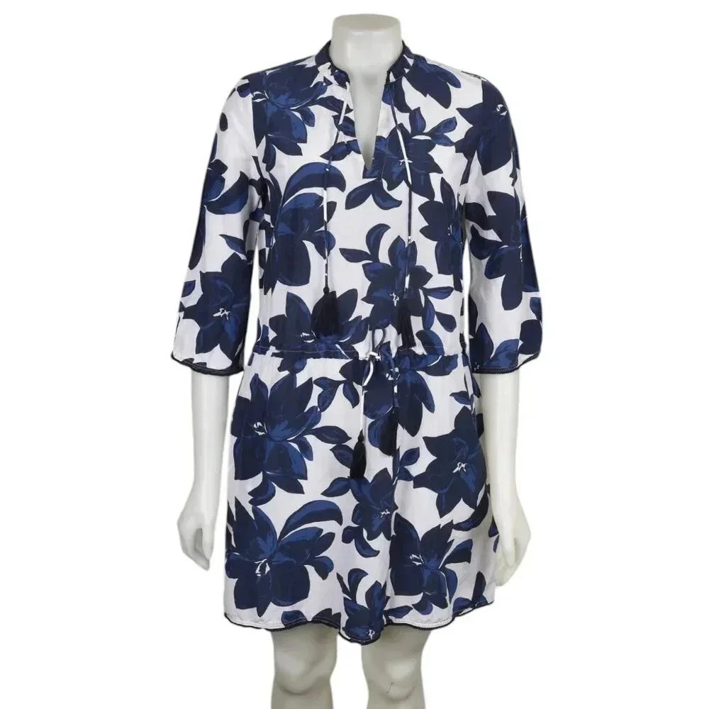 Draper James Mini Dress Floral Cotton Silk  White Blue Size XS